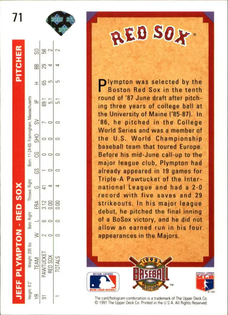 Jeff Plympton 1992 Upper Deck MLB #71 Top Prospect Baseball Card Boston Red Sox