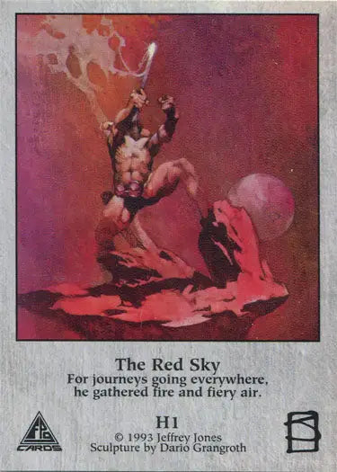 Muscular figure leaping on Jeffrey Jones Fantasy Art 1993 Hologram Chase Card H1 Red Sky