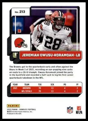 Jeremiah Owusu-Koramoah 2022 Donruss #213 Cleveland Browns - Football Card Single