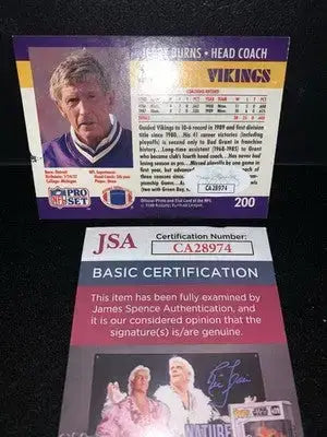 Jerry Burns Hand Signed 1990 Pro Set Minnesota Vikings Autograph JSA Auto - Football Card Single