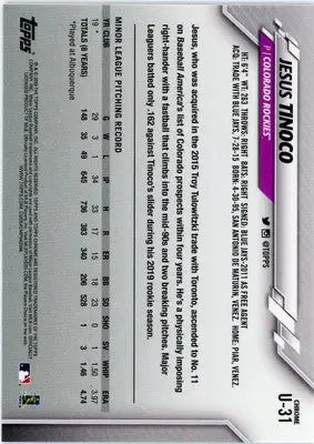 Jesus Tinoco Rookie 2020 Topps Chrome Update #U-31 Colorado Rockies - Baseball Card Single