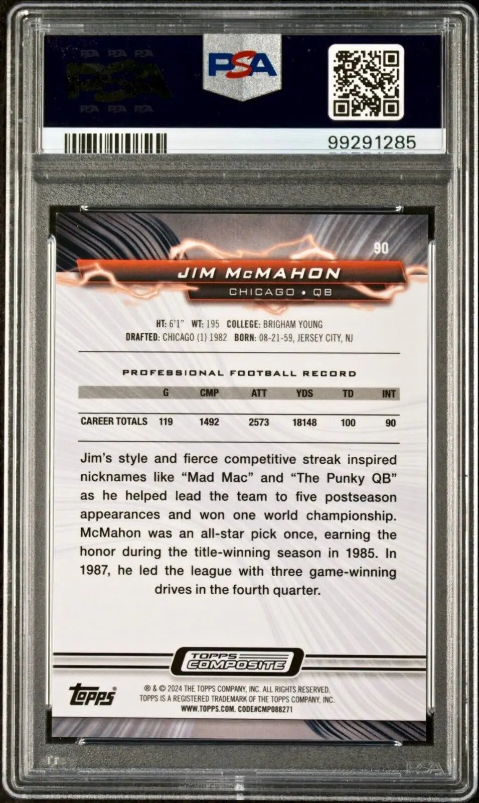 Jim McMahon 2023 Topps Resurgence NFL #90 Ruby Surge 121/199 Card PSA 9 Mint
