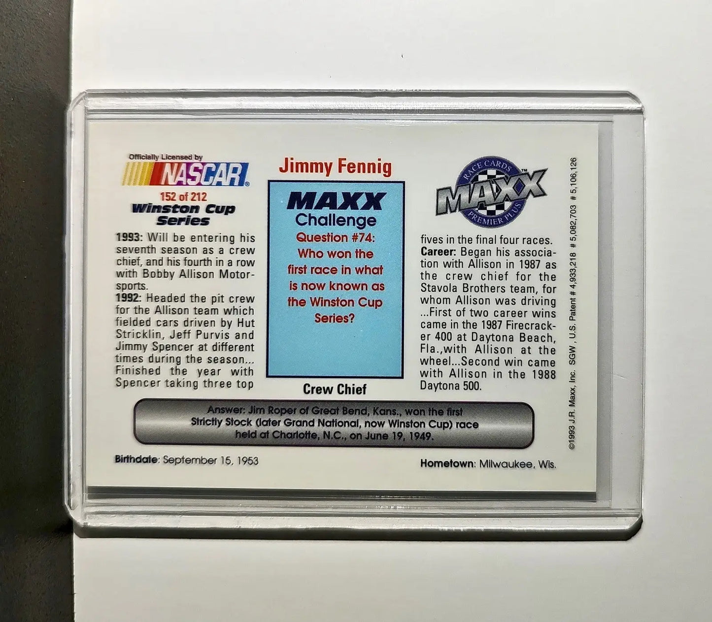 Jimmy Fennig 1993 Maxx Premier Plus Racing #152 NASCAR Card Bobby Allison Racing - Racing Card Single