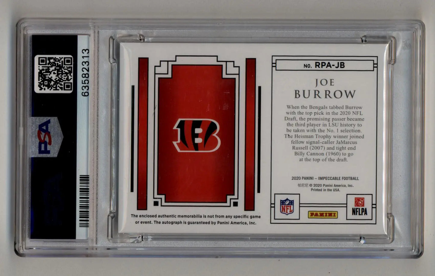 Joe Burrow 2020 Impeccable Rookie Patch Auto Silver 08/10 PSA 9 Mint - Football Card Single