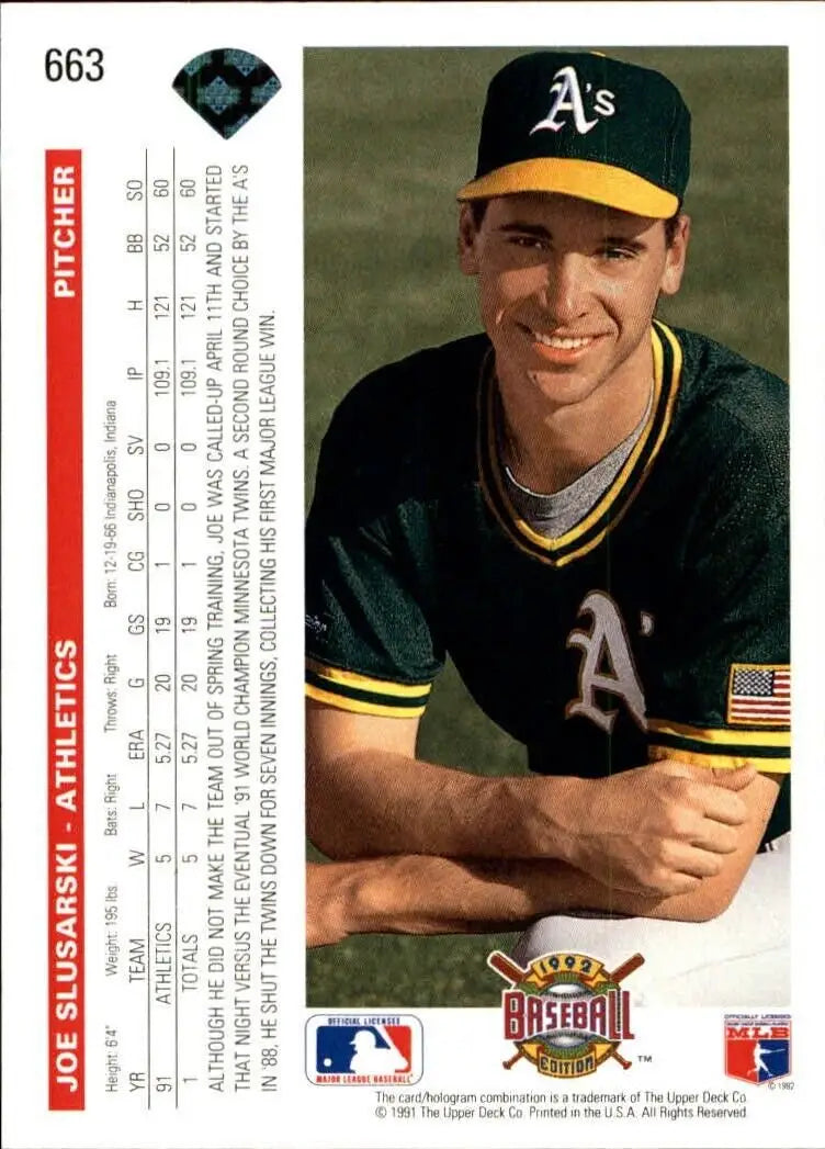 Joe Slusarski 1992 Upper Deck MLB #663 Baseball Card Oakland Athletics