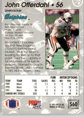 John Offerdahl - 1992 Pro Set - #560 - Football - Football Card Single