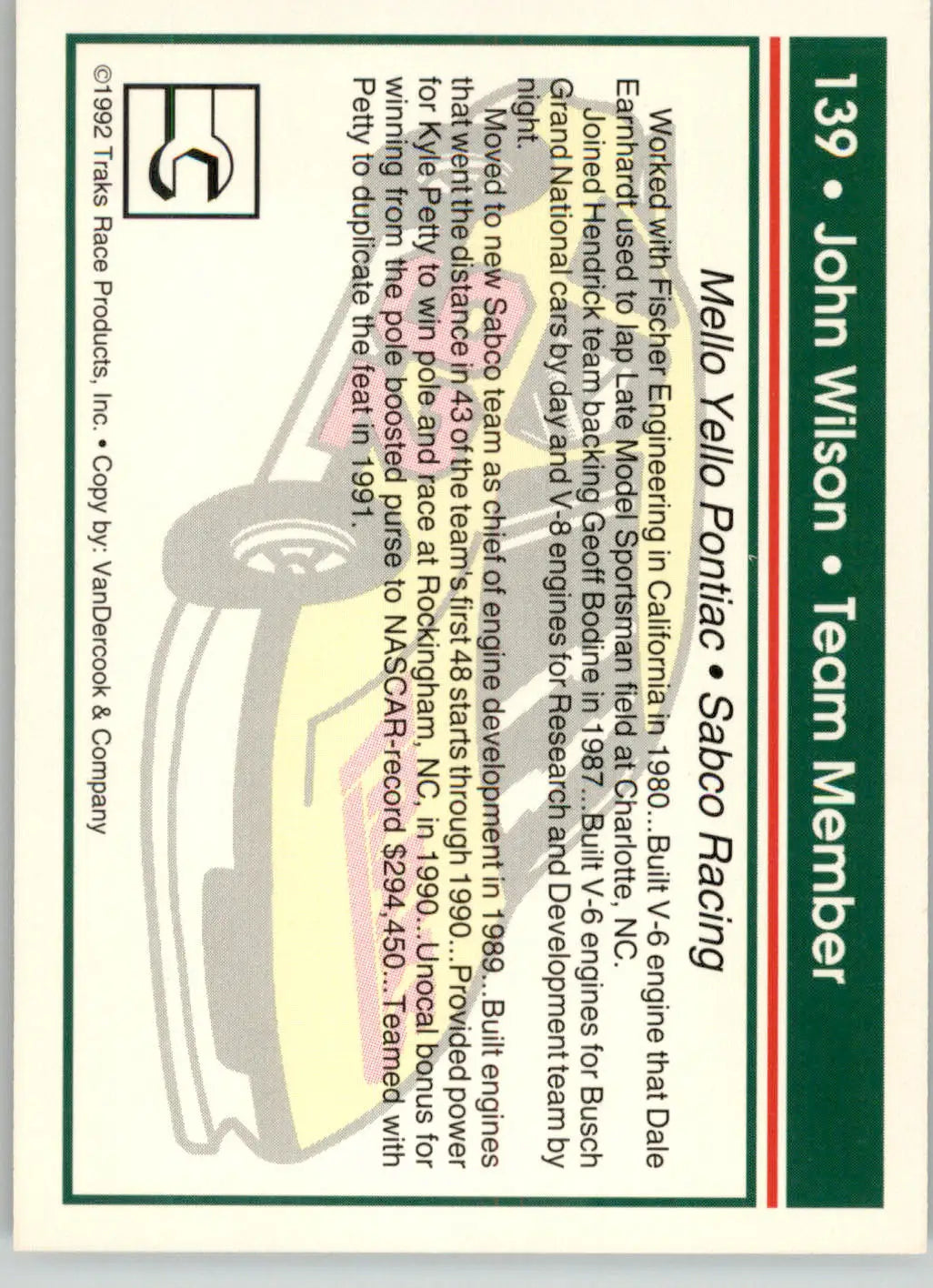 John Wilson - 1992 Traks - #139 - Racing - Racing Card Single