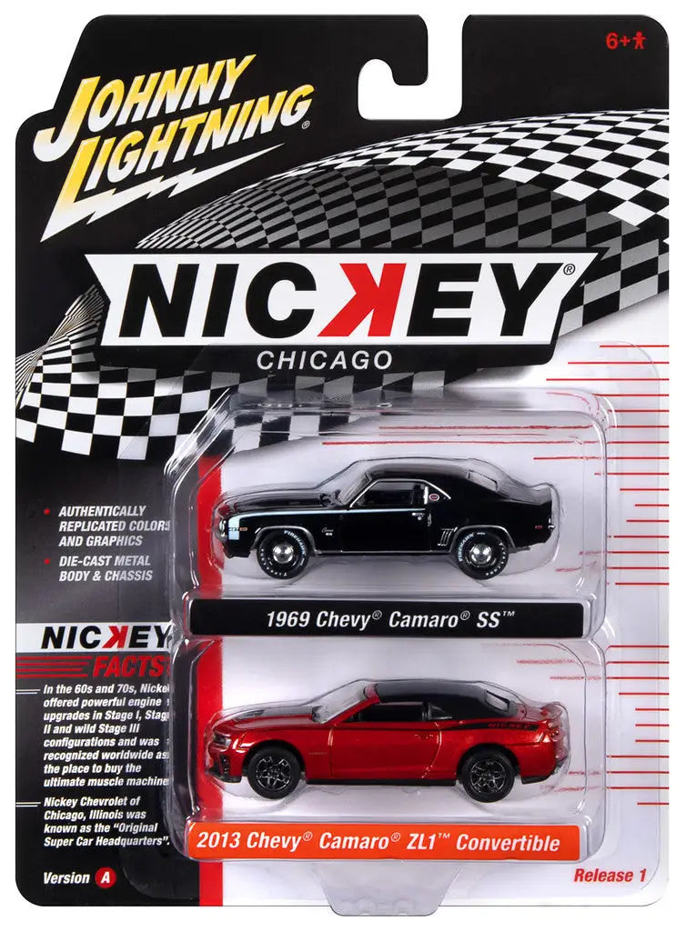 Packaged Johnny Lightning car set features 1969 and 2013 Chevy Camaro models