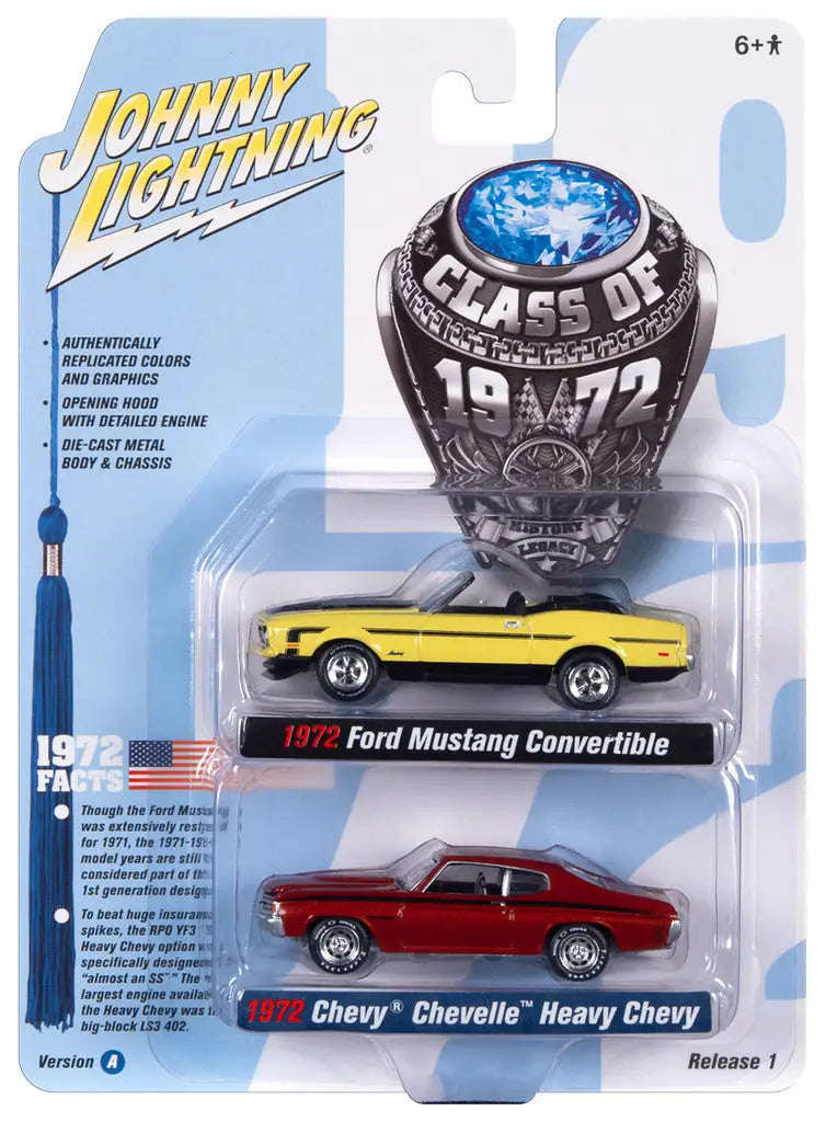 Johnny Lightning car set series featuring 1972 Ford Mustang and Chevy Chevelle die-cast models