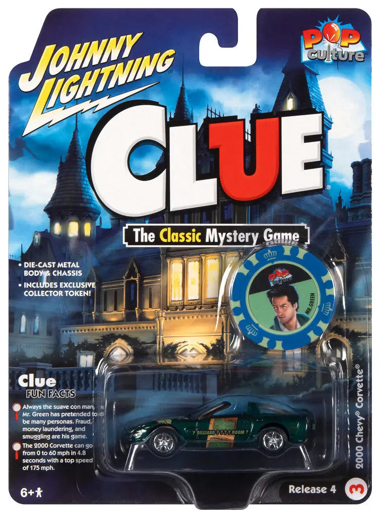 Packaged Johnny Lightning Chevy Corvette Clue toy car from Pop Culture merchandise line