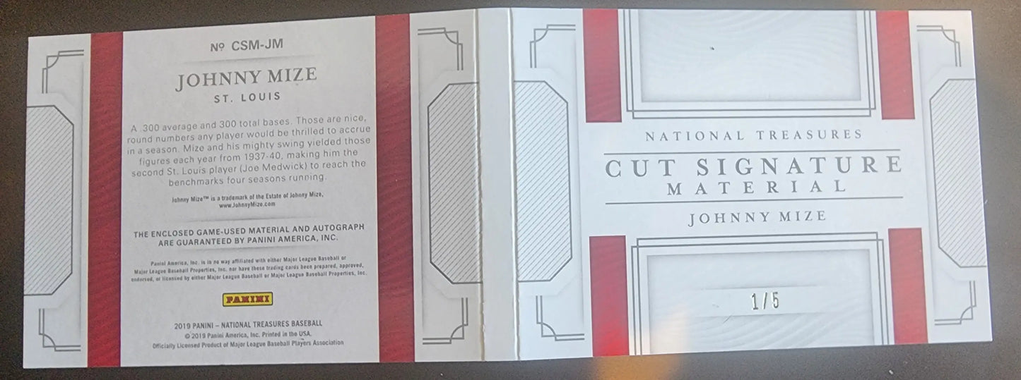 Johnny Mize 2019 Panini National Treasures Auto Jersey Booklet #1/5 - Baseball Card Single