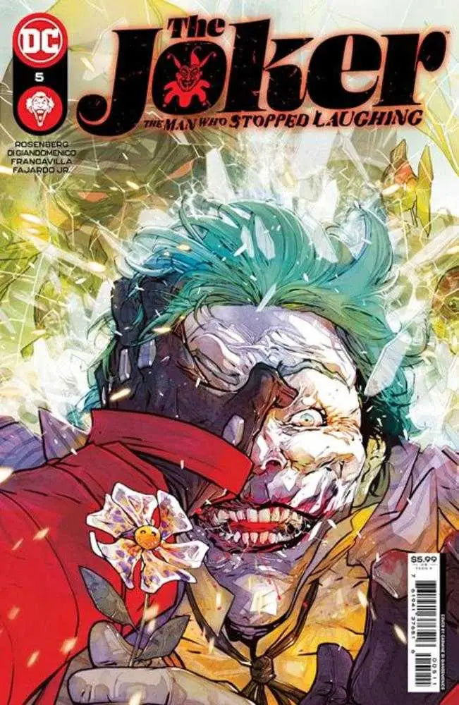 Vibrant comic book cover of the Joker’s face from Joker The Man Who Stopped Laughing #5