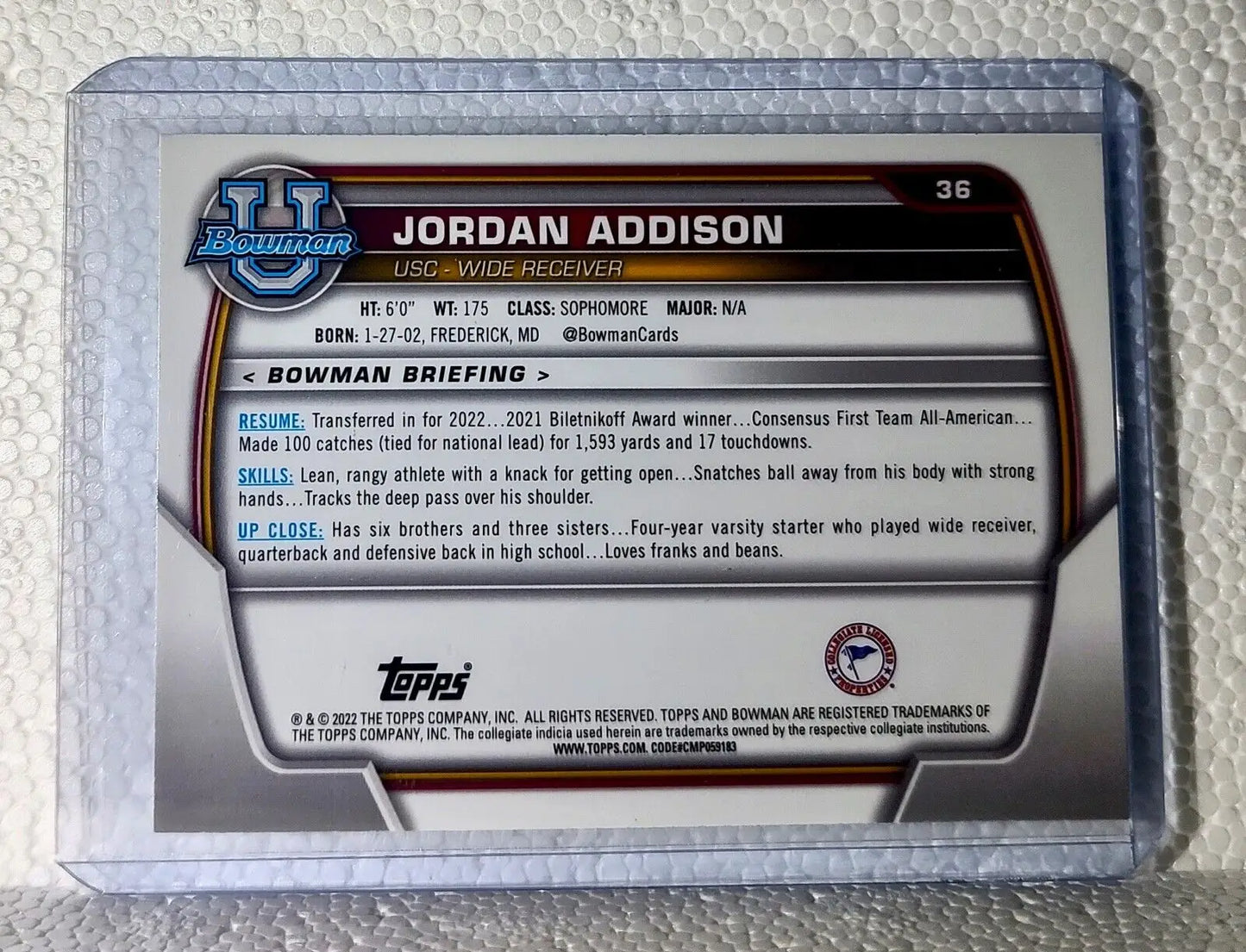Jordan Addison 2022 Topps 1st Bowman U Football #36 Card USC - Football Card Single
