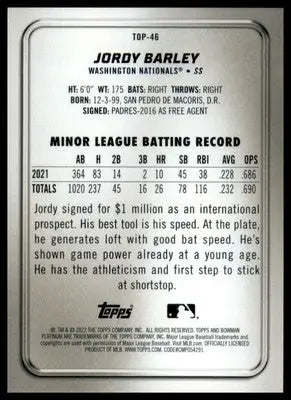 Jordy Barley 2022 Bowman Platinum Top Prospects #TOP-46 Washington Nationals - Baseball Card Single