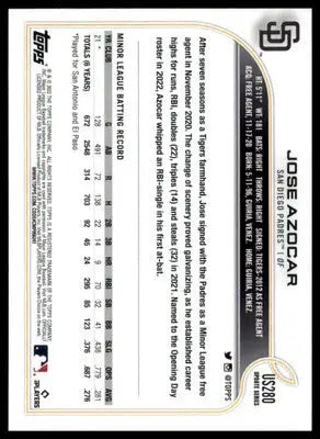 Jose Azocar Rookie 2022 Topps Update #US280 San Diego Padres - Baseball Card Single