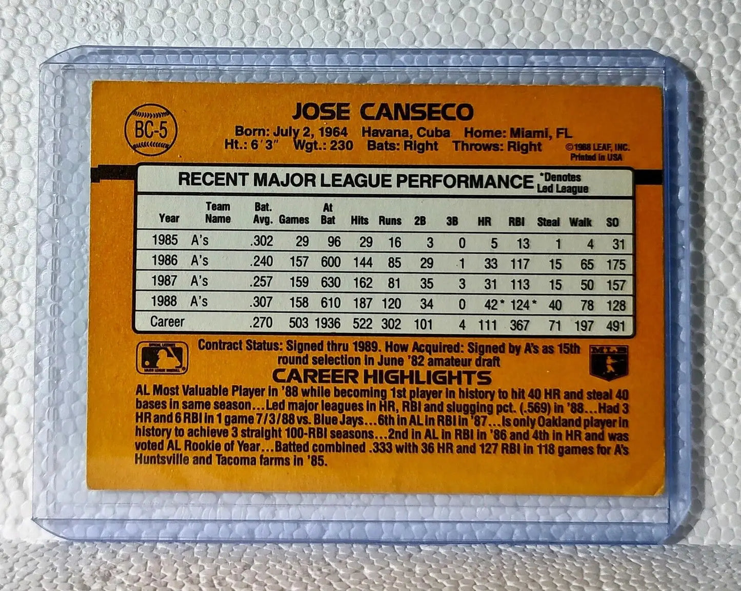 Jose Canseco 1989 Donruss MLB #BC-5 Baseball Card Oakland Athletics - Baseball Card Single