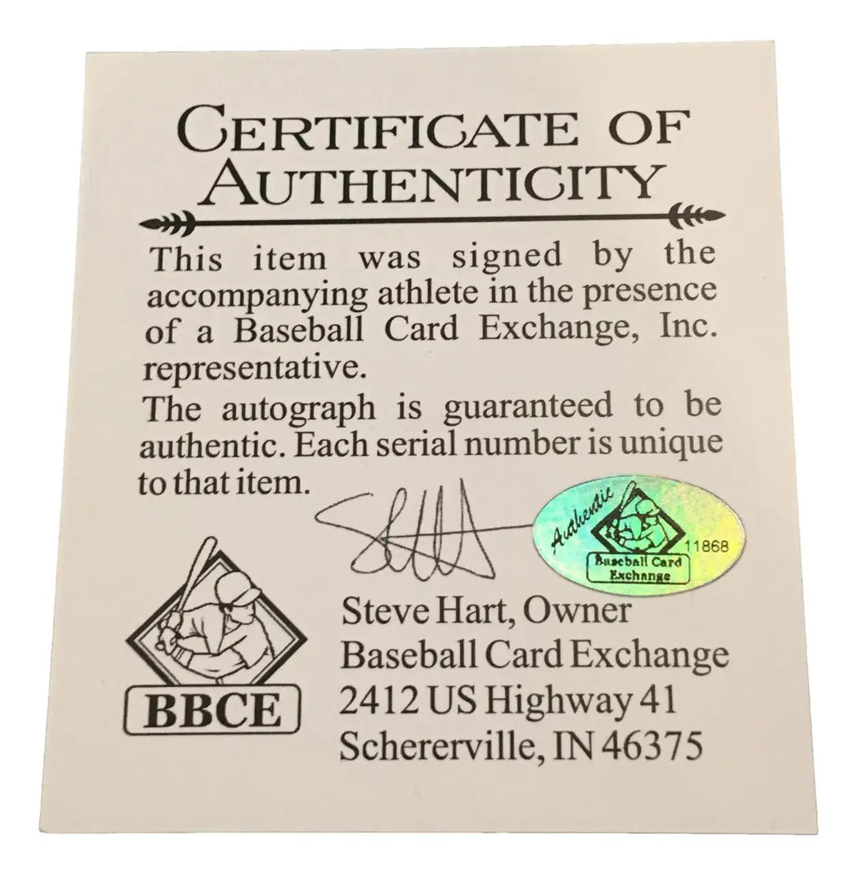 Certificate of Authenticity for Jose Canseco autographed baseball from Baseball Card Exchange