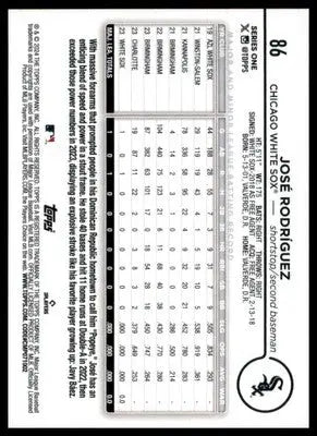 José Rodríguez Rookie 2024 Topps #86 Chicago White Sox - Baseball Card Single