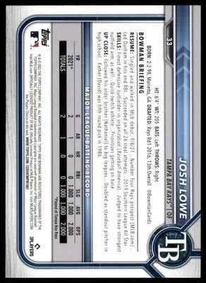Josh Lowe Rookie 2022 Bowman #33 Tampa Bay Rays - Baseball Card Single