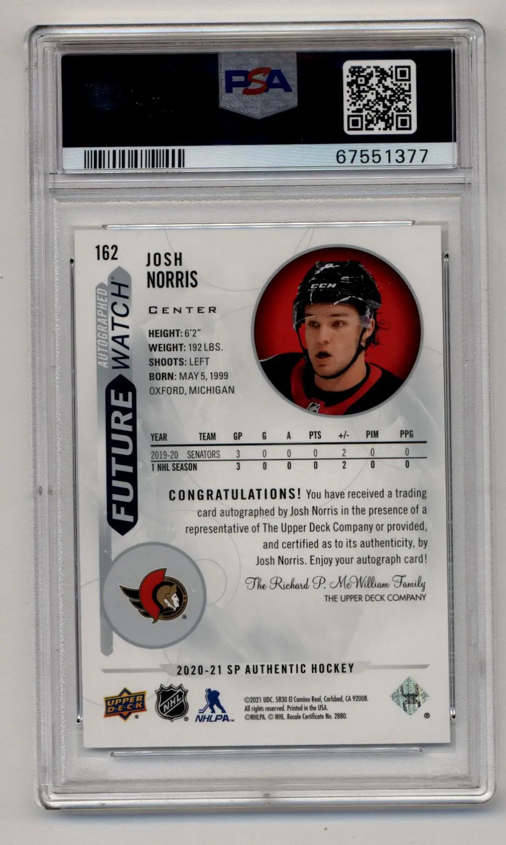 Josh Norris 2020-21 SP Authentic Rookie Auto #162 522/999 PSA 9 10 Auto - Hockey Card Single