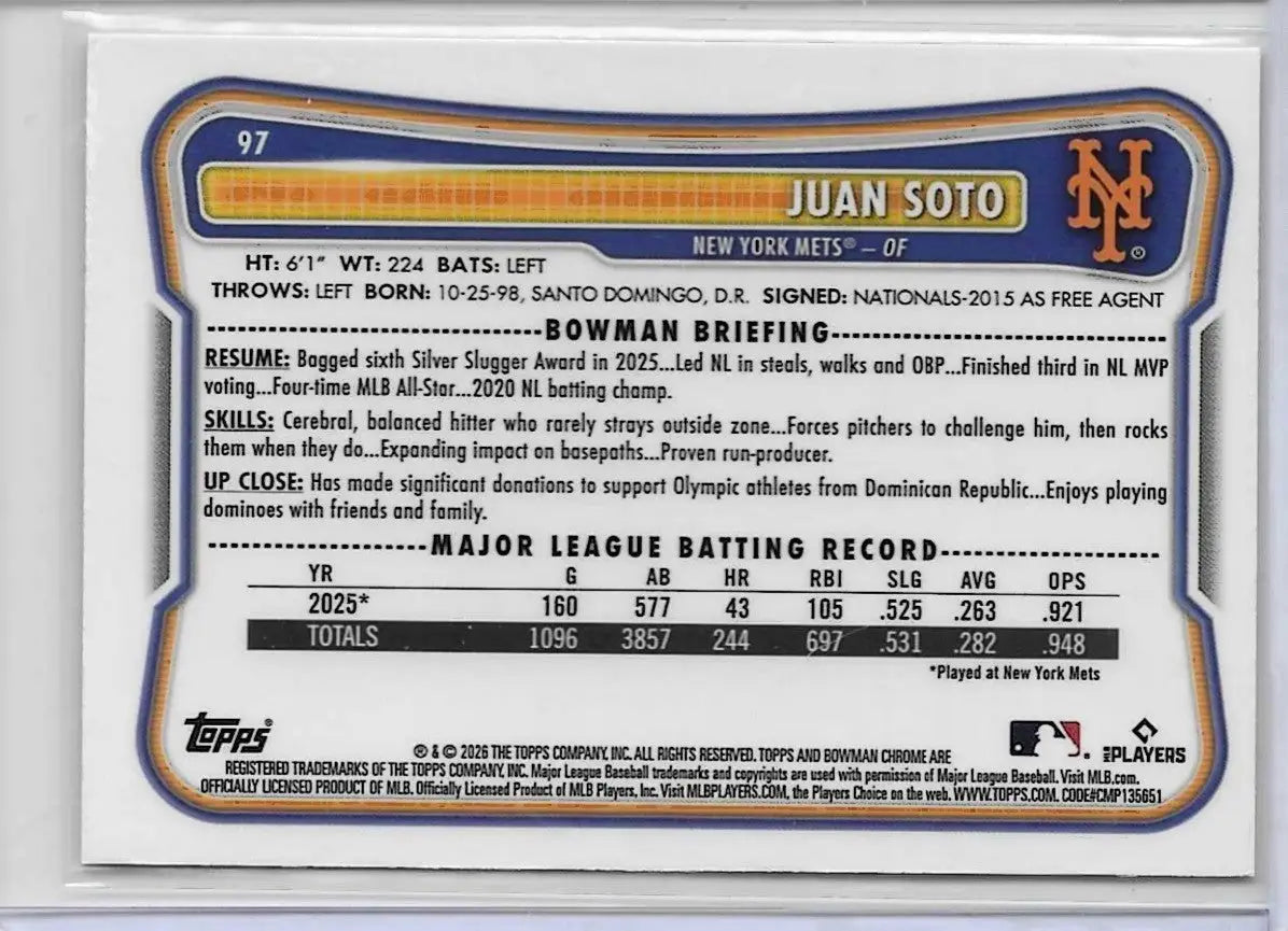 Juan Soto 2026 Bowman Chrome Mojo Refractor #97. Mets (1306) - Baseball Card Single