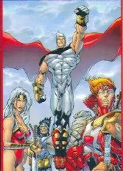 Muscular superhero with red cape on Judgment Day 2 of 2 promo card among costumed heroes