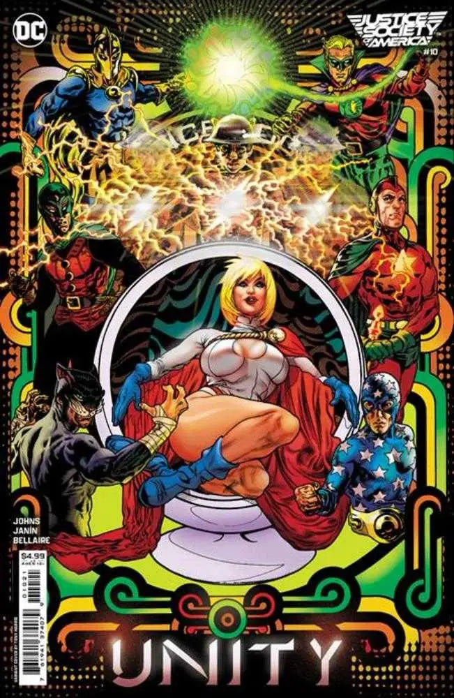 Justice Society cover featuring Power Girl and DC superheroes with energy effects