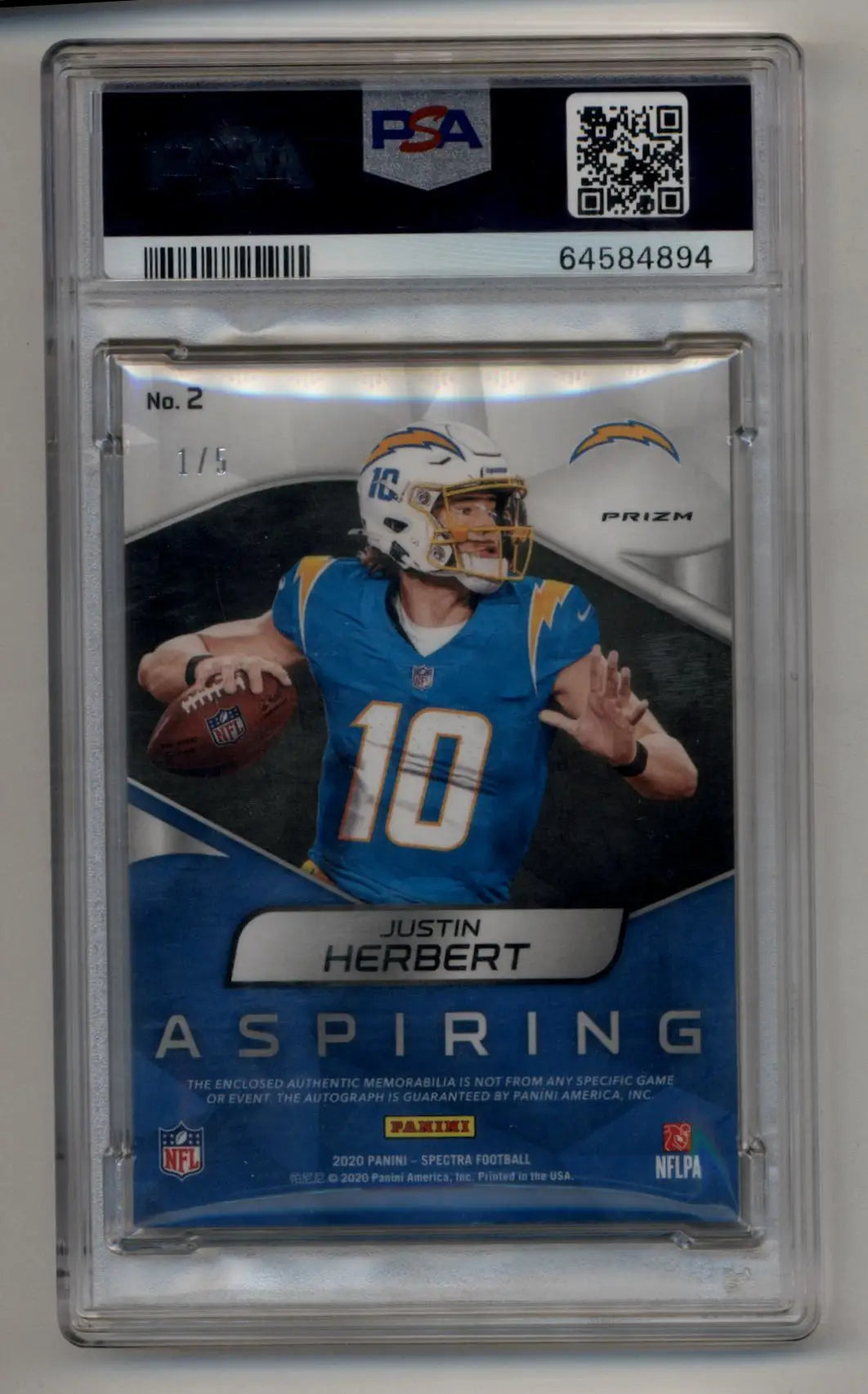 Justin Herbert 2020 Spectra Aspiring Orange Auto Patch 1/5 PSA 8 Near Mint Mint Auto 10 - Football Card Single