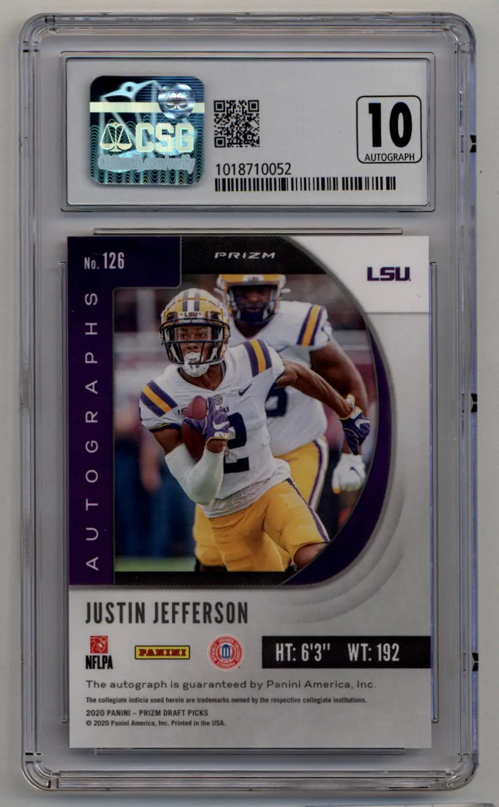 Justin Jefferson 2020 Prizm Draft Picks #126 Auto Red & Black Snake Skin CSG 9.5 Gem Mint - Football Card Single