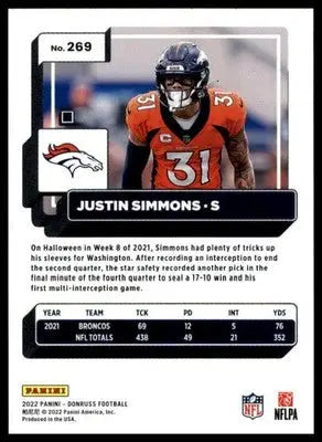 Justin Simmons 2022 Donruss #269 Denver Broncos - Football Card Single