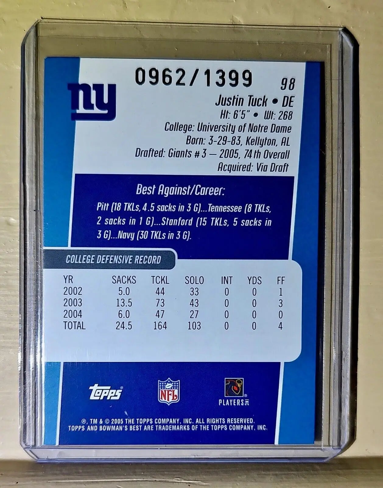 Justin Tuck 2005 Topps Bowman’s Best #98 NFL Card #962/1399 Giants - Football Card Single
