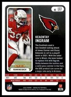 Keaontay Ingram Rookie 2022 Panini Absolute Green #177 Arizona Cardinals