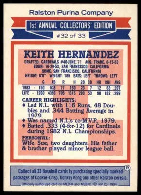 Keith Hernandez 1984 Topps Ralston Purina #32 New York Mets - Baseball Card Single