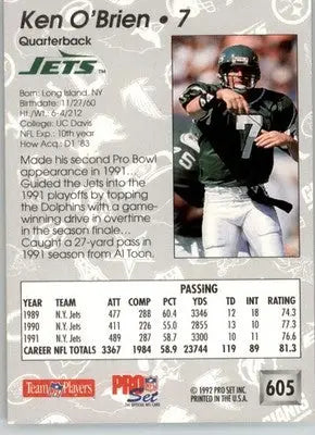 Ken O’Brien - 1992 Pro Set - #605 - Football - Football Card Single