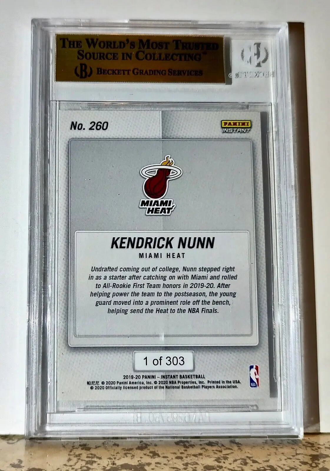 Kendrick Nunn 2019-20 Panini NBA #260 Rookie Card 1 of 303 BGS 9 Mint Miami Heat - Basketball Card Single
