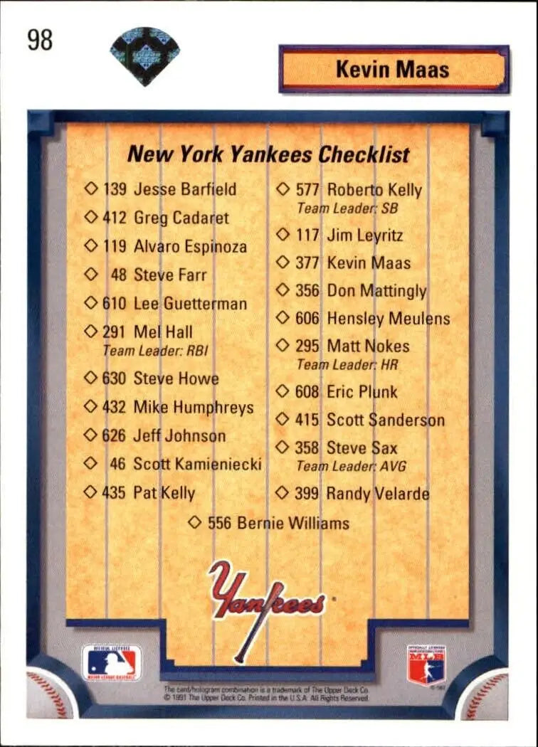 Kevin Maas 1992 Upper Deck MLB #98 Team Checklist Baseball Card New York Yankees - Baseball Card Single