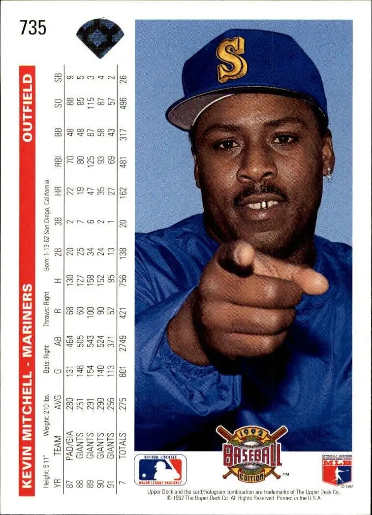 Kevin Mitchell 1992 Upper Deck MLB #735 Baseball Card Seattle Mariners