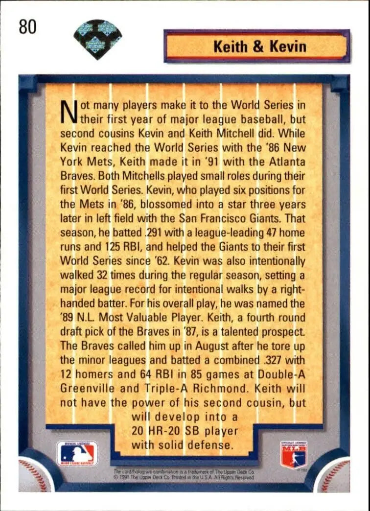Kevin Mitchell/Keith Mitchell 1992 Upper Deck MLB #80 Card Atlanta Braves