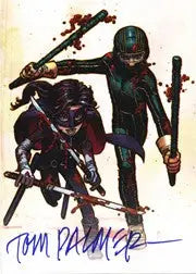 Stylized illustration of two warriors on a Tom Palmer autograph card for trading cards