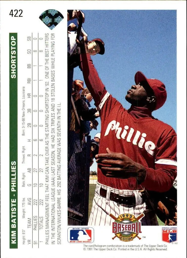 Kim Batiste 1992 Upper Deck MLB #422 Baseball Card Philadelphia Phillies