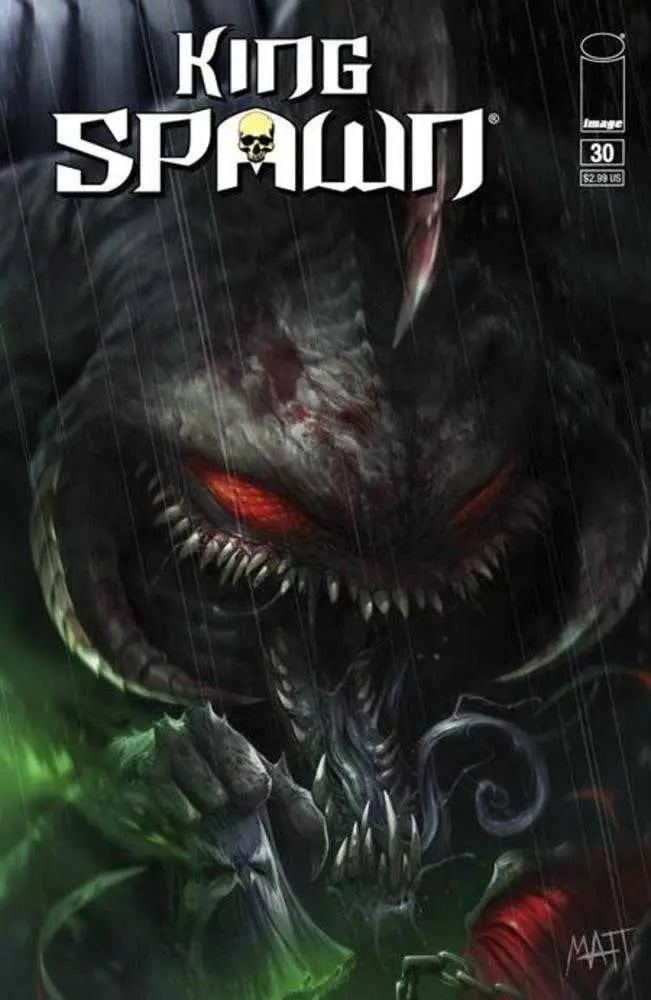 Dark demonic creature with glowing red eyes on King Spawn #30 Cover B for trading cards