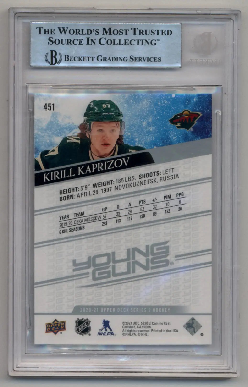 Kirill Kaprizov 2020-21 Upper Deck Young Gun #451 BGS Authenticated 5786 - Hockey Card Single