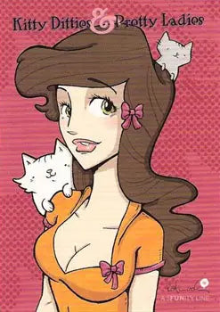 Cartoon illustration of a woman with kittens on a Kitty Ditties promo card