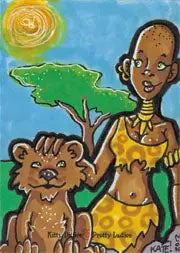 Colorful sketch card by Kate Carleton featuring a person in African attire with lion cub