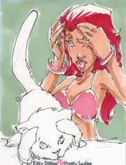 Cartoon-style woman with pink hair and white horned creature on Randy Kintz sketch card