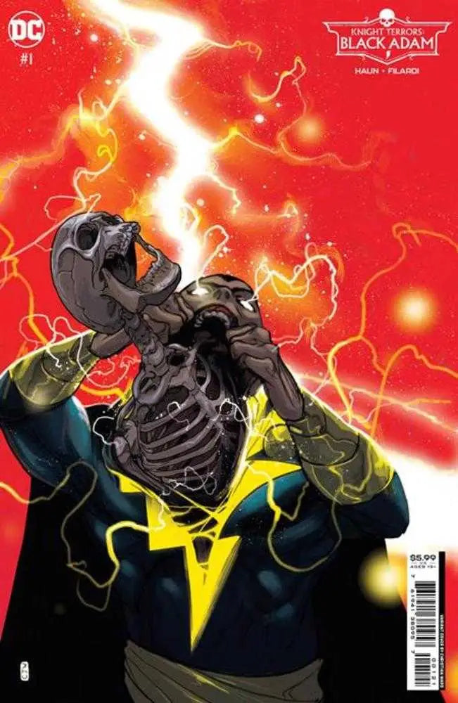 Dark armored Black Adam figure with lightning bolt, surrounded by red and yellow energy