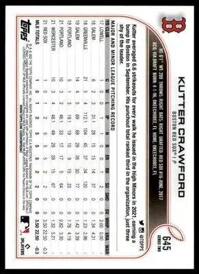 Kutter Crawford Rookie 2022 Topps #645b Boston Red Sox - Baseball Card Single