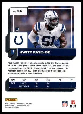 Kwity Paye 2022 Donruss #54 Indianapolis Colts - Football Card Single