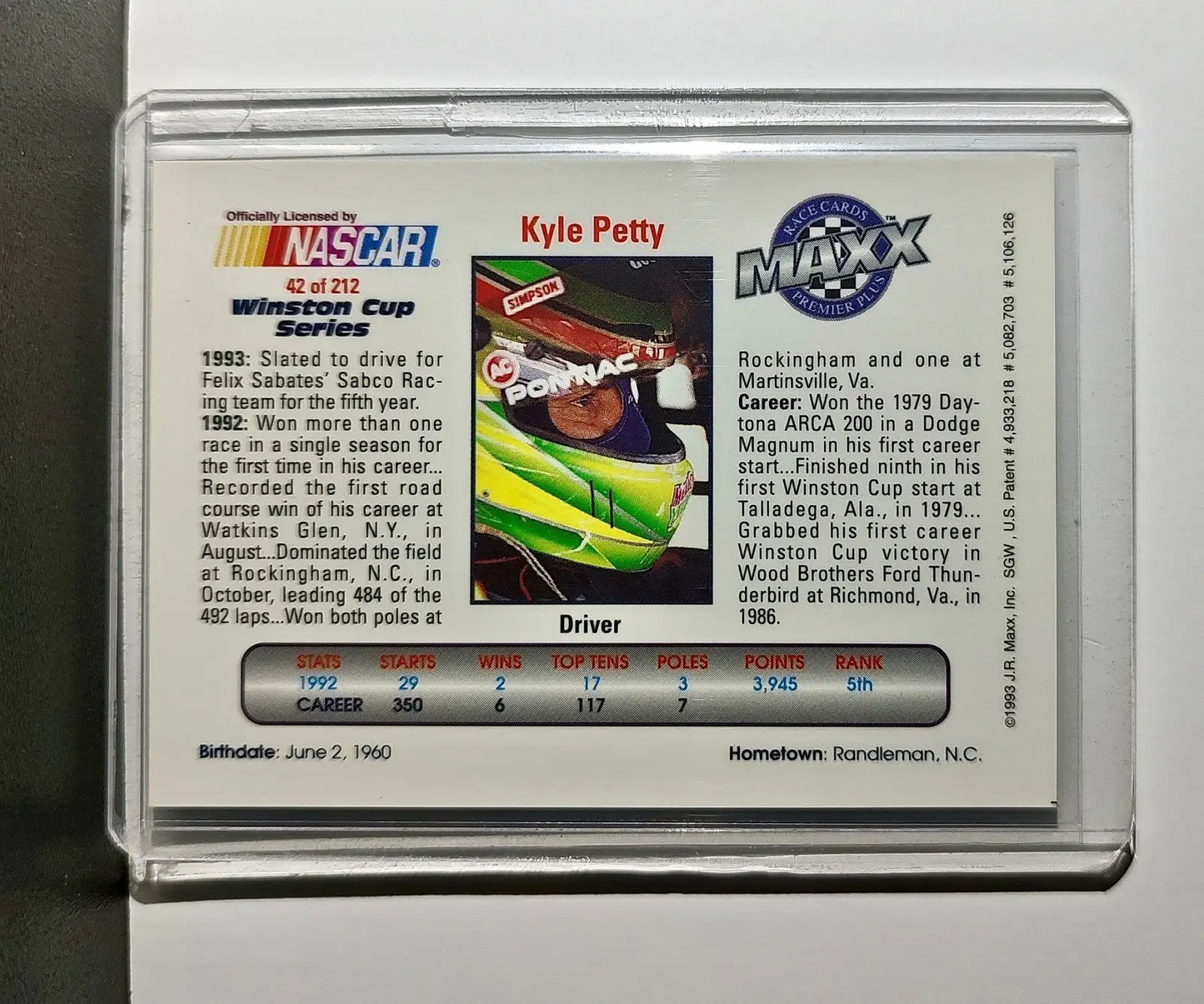 Kyle Petty 1993 Maxx Premier Plus Racing #42 NASCAR Card SABCO Racing