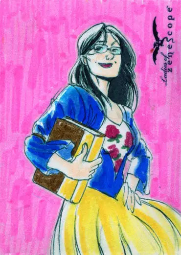 Illustration of a smiling woman in glasses holding books from Eric Van Eslande Sketch Card
